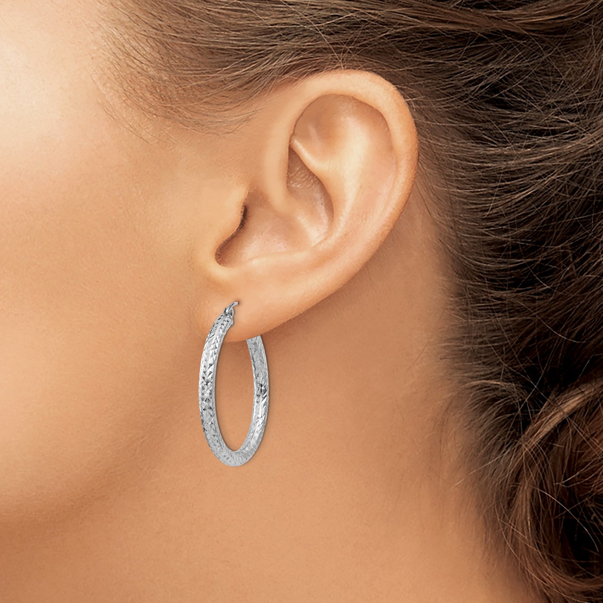 Sterling Silver Rhodium-plated D/C 3x30mm Hoop Earrings
