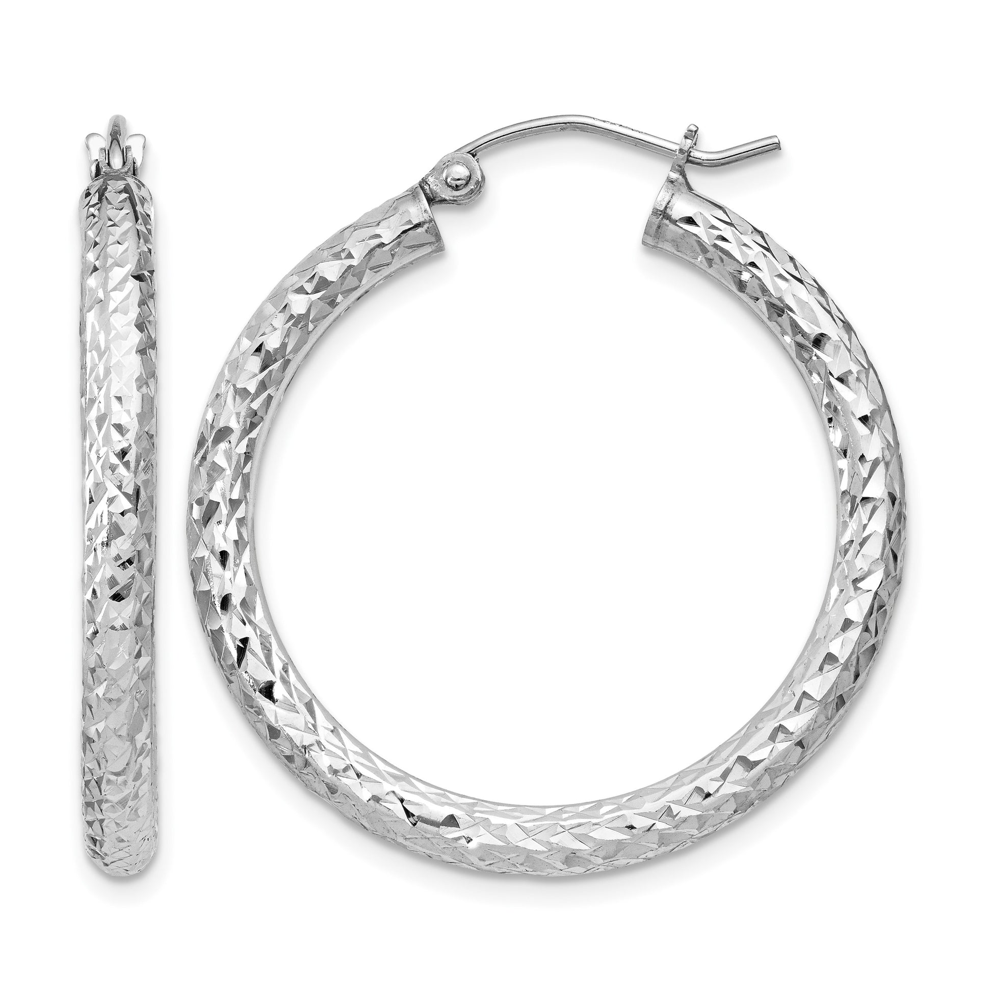 Sterling Silver Rhodium-plated D/C 3x30mm Hoop Earrings