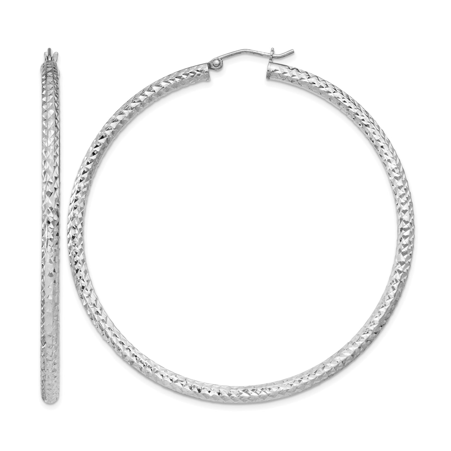 Sterling Silver Rhodium-plated D/C 3x60mm Hoop Earrings