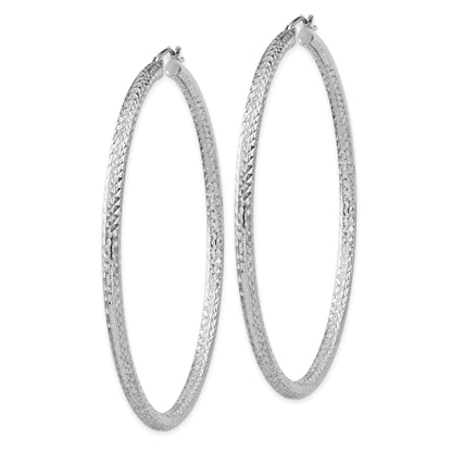 Sterling Silver Rhodium-plated D/C 3x65mm Hoop Earrings