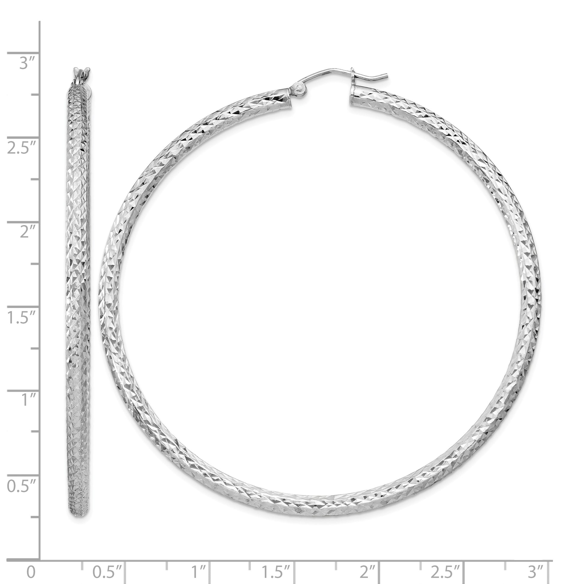 Sterling Silver Rhodium-plated D/C 3x65mm Hoop Earrings