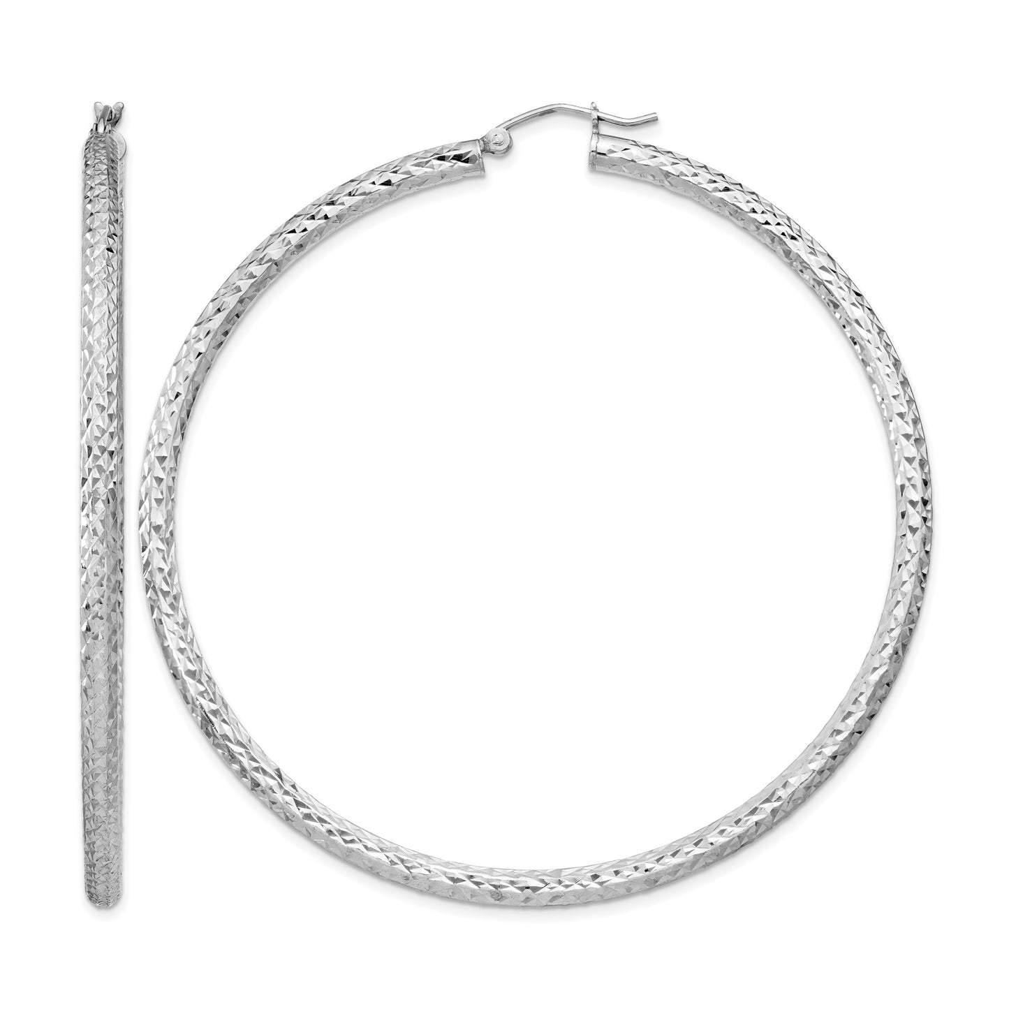 Sterling Silver Rhodium-plated D/C 3x65mm Hoop Earrings