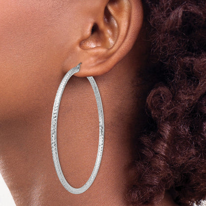 Sterling Silver Rhodium-plated D/C 3x70mm Hoop Earrings