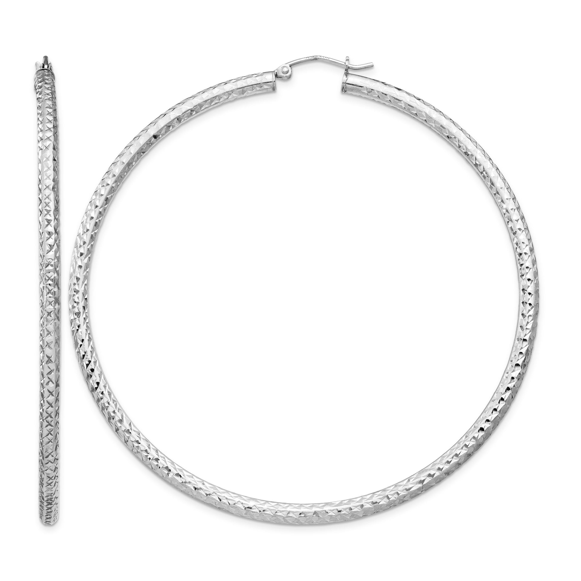 Sterling Silver Rhodium-plated D/C 3x70mm Hoop Earrings