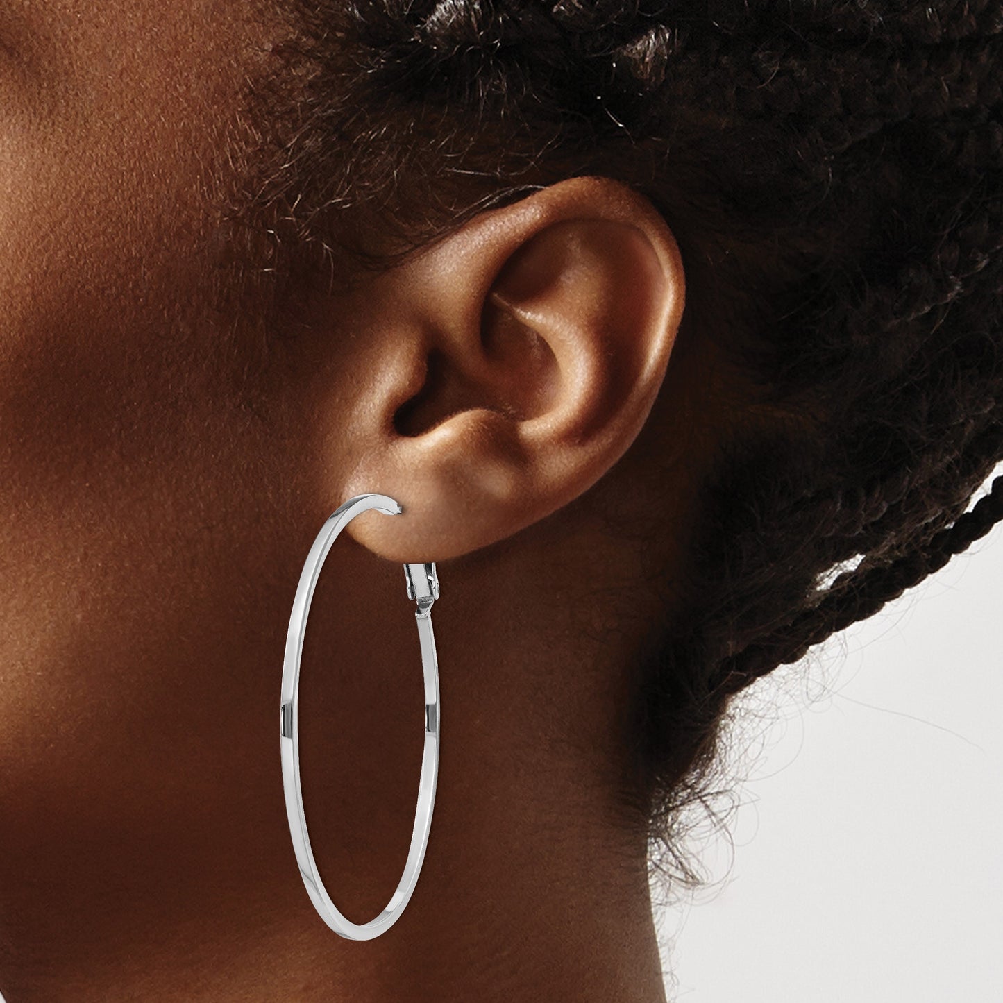 Sterling Silver RH-plated 1.5x50mm Omega Back Round Hoop Earrings