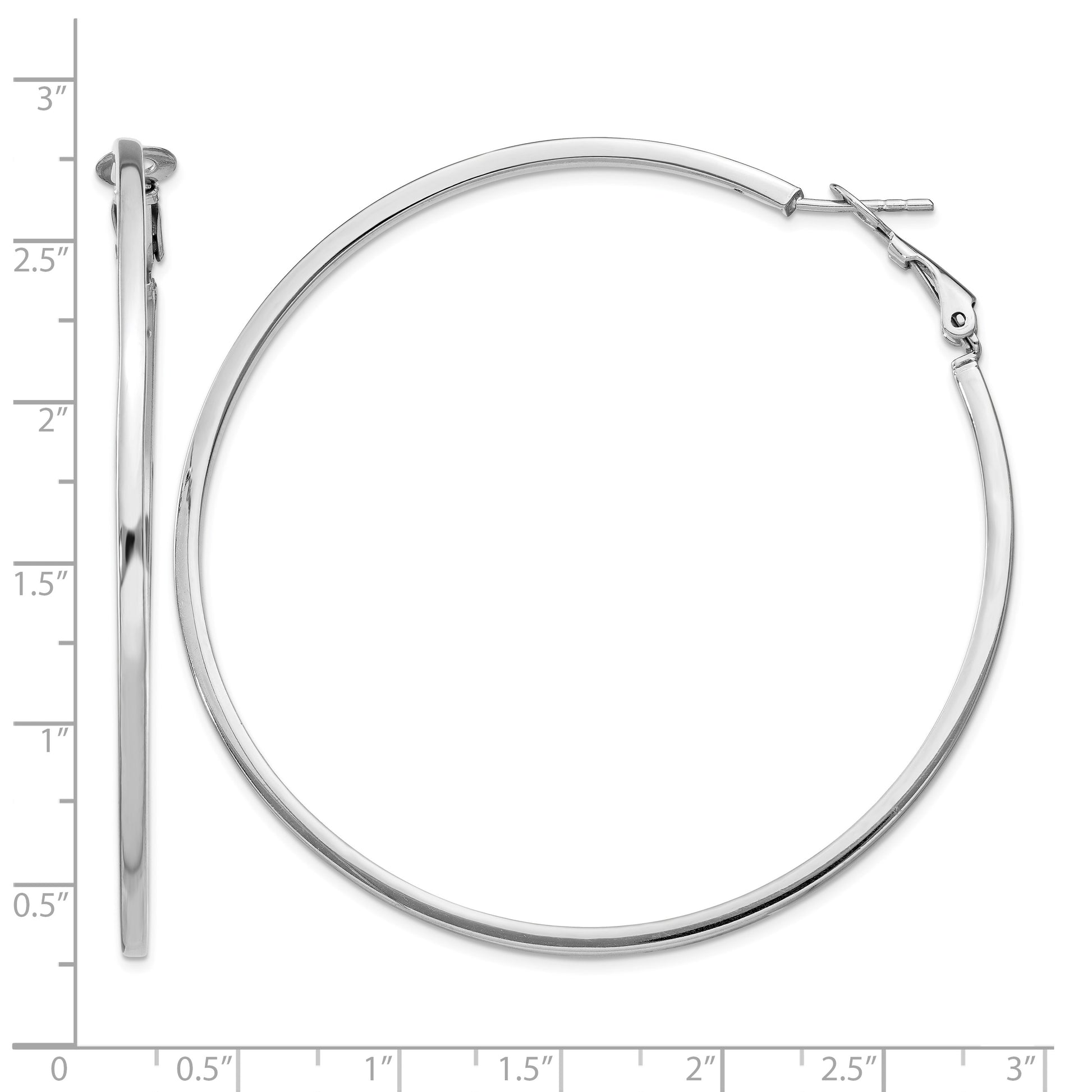 Sterling Silver RH-plated 2x60mm Omega Back Round Hoop Earrings