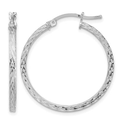 Sterling Silver Rhodium-plated Diamond-cut 2x30mm Square Tube Hoop Earrings