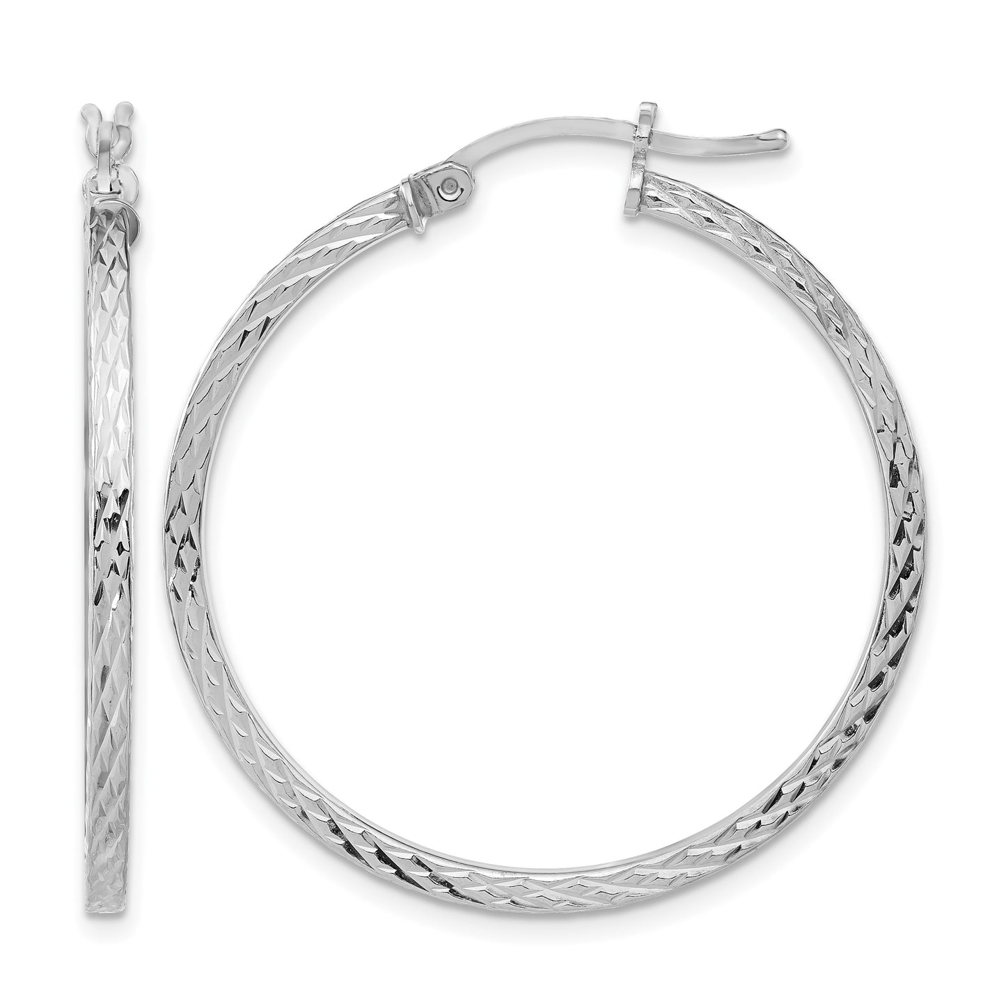 Sterling Silver Rhodium-plated Diamond-cut 2x35mm Square Tube Hoop Earrings