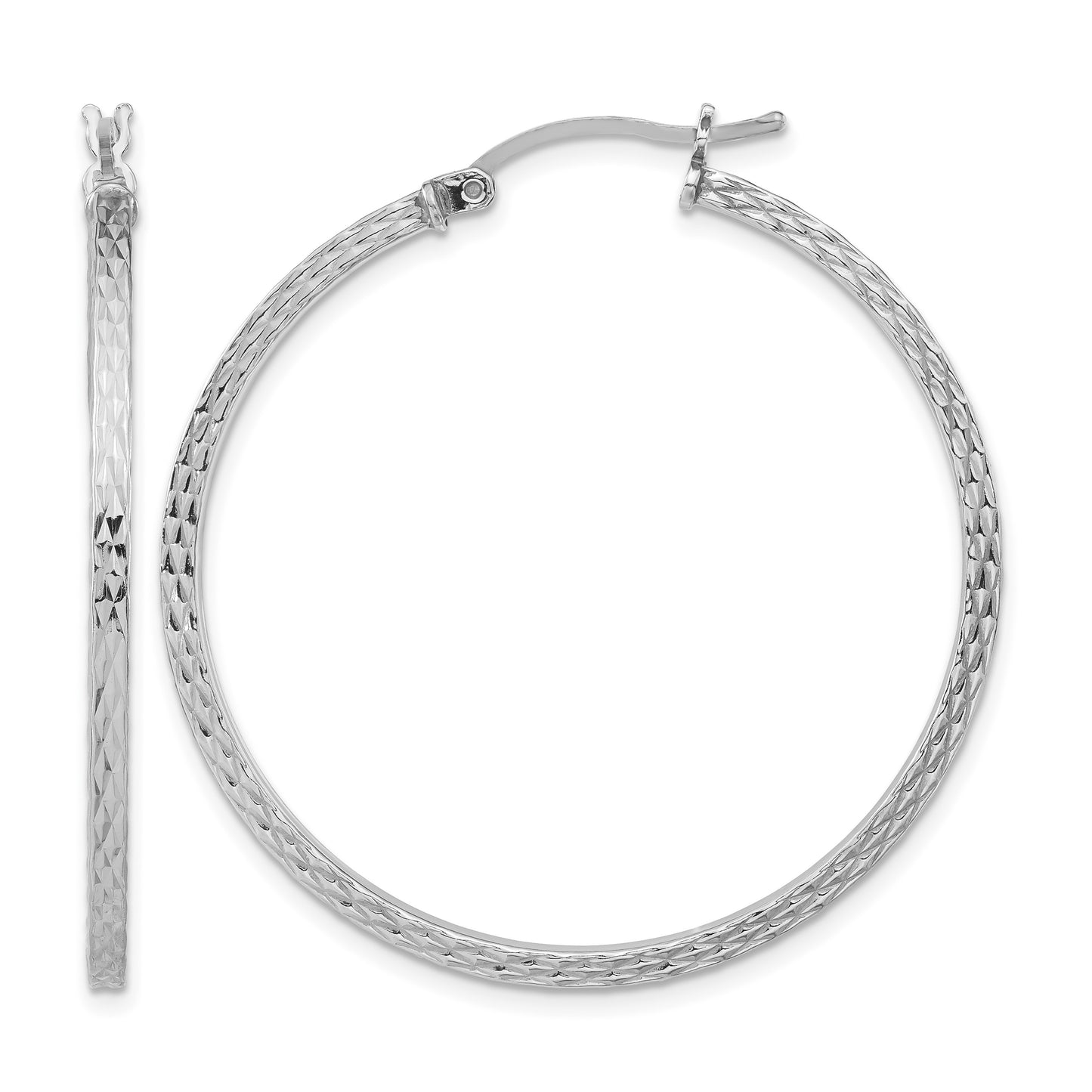 Sterling Silver Rhodium-plated Diamond-cut 2x40mm Square Tube Hoop Earrings