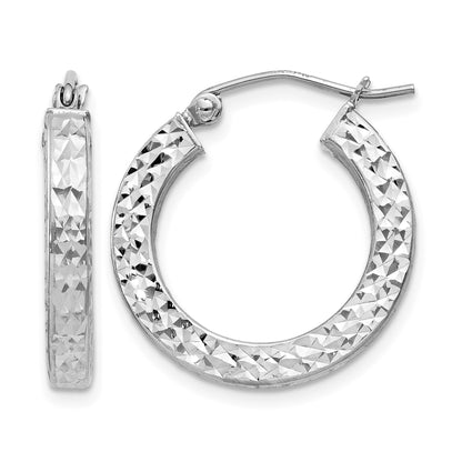 Sterling Silver Rhodium-plated Diamond-cut 3x20mm Square Tube Hoop Earrings