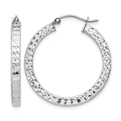 Sterling Silver Rhodium-plated Diamond-cut 3x30mm Square Tube Hoop Earrings