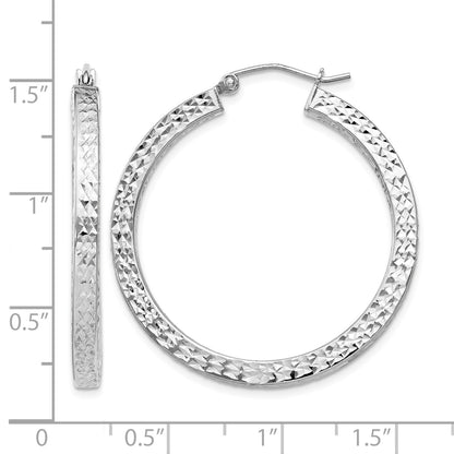 Sterling Silver Rhodium-plated Diamond-cut 3x35mm Square Tube Hoop Earrings