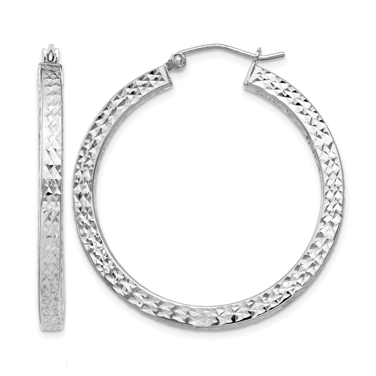 Sterling Silver Rhodium-plated Diamond-cut 3x35mm Square Tube Hoop Earrings