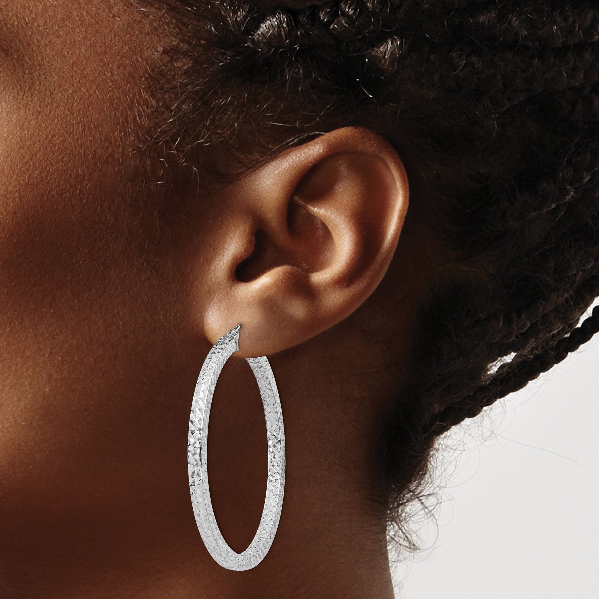 Sterling Silver Rhodium-plated Diamond-cut 3x45mm Square Tube Hoop Earrings