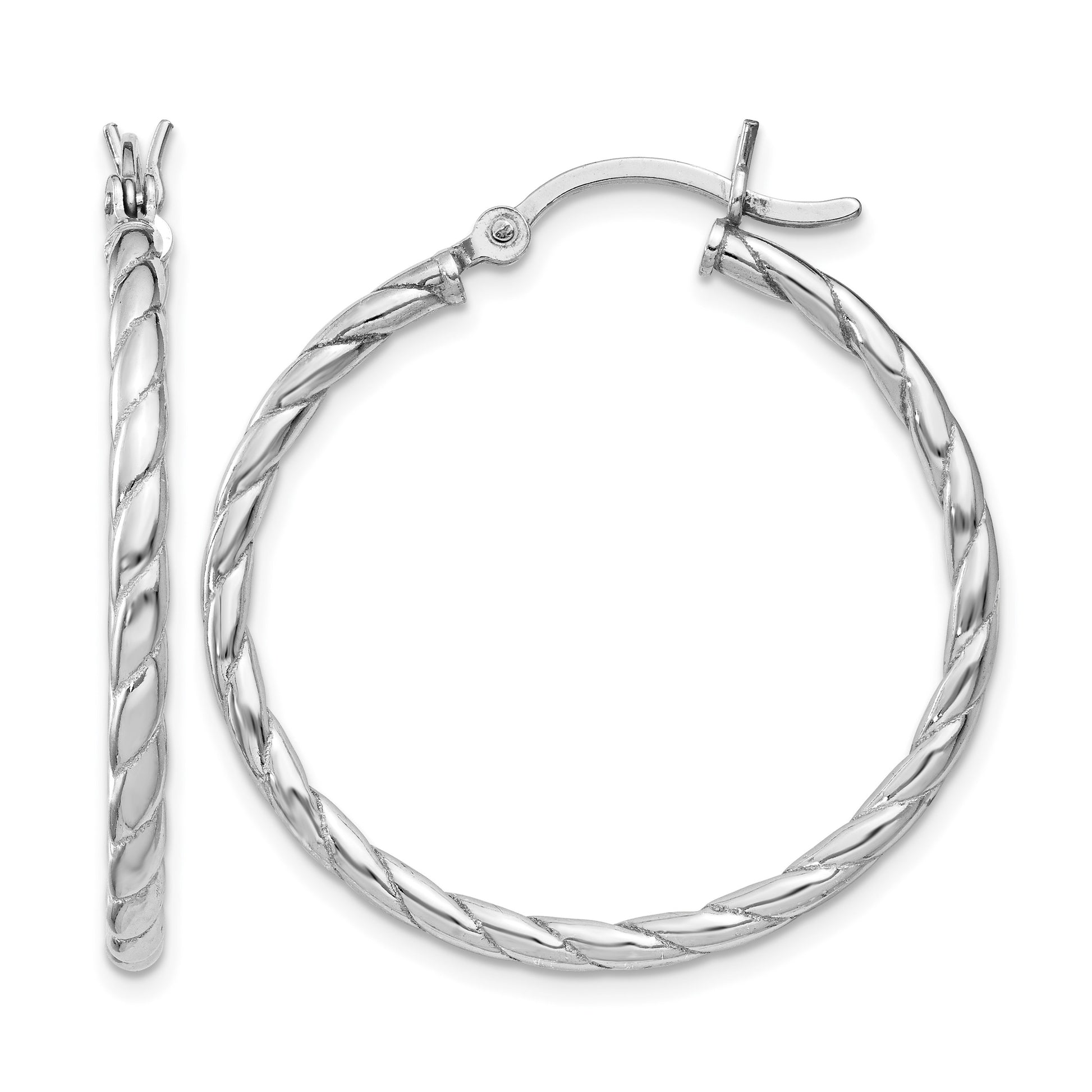 Sterling Silver Rhodium Plated 2x30mm Twisted Hoop Earrings