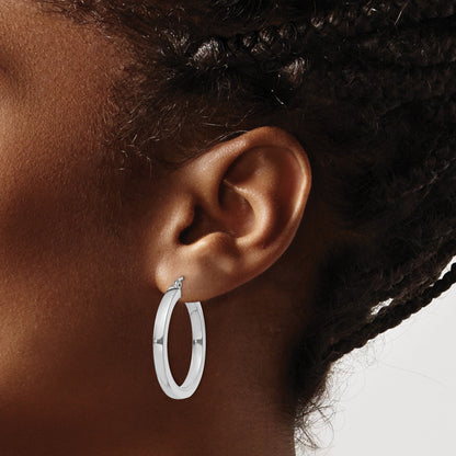 Sterling Silver Rhodium-plated 3x30mm Square Tube Hoop Earrings