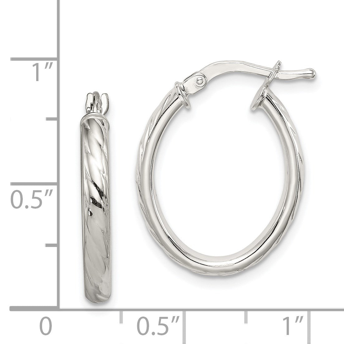 Sterling Silver Rhod-plated Textured 3mm Hollow Oval Hoop Earrings