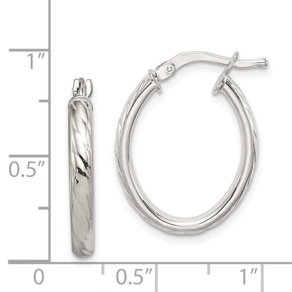 Sterling Silver Rhod-plated Textured 3mm Hollow Oval Hoop Earrings