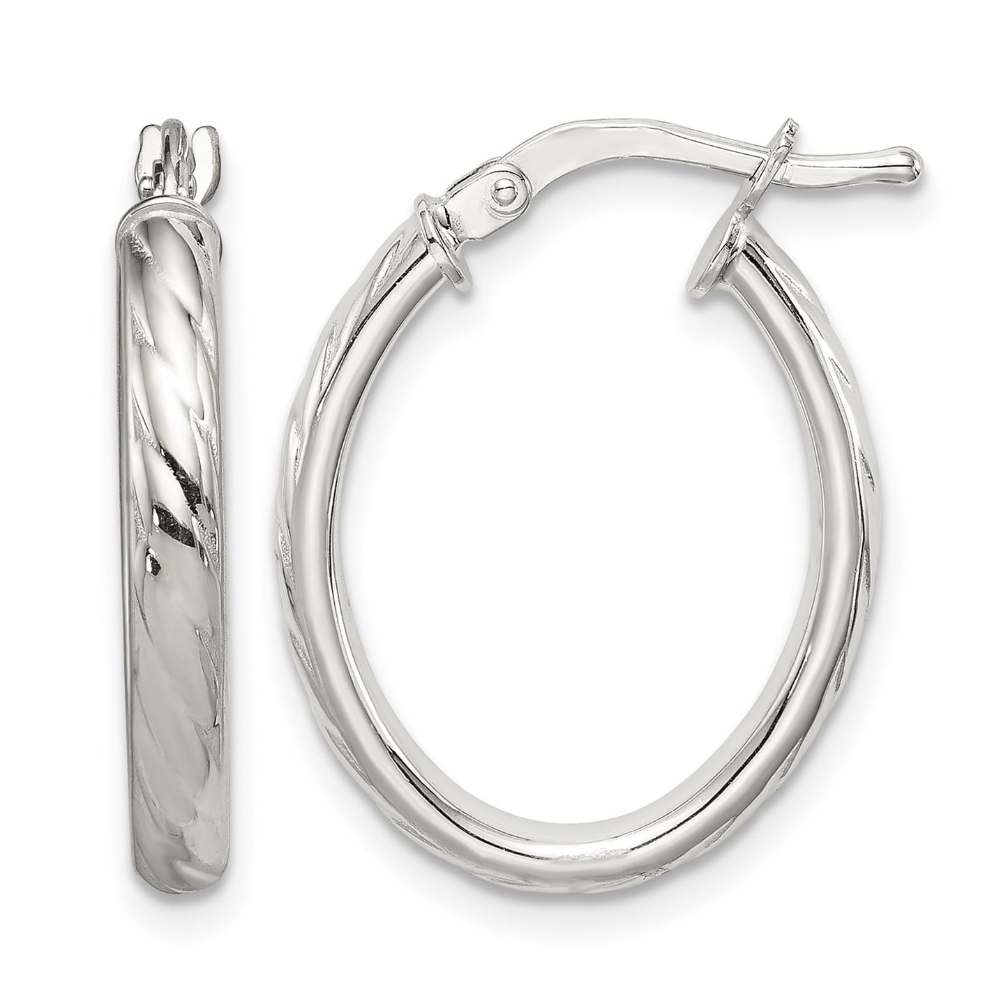 Sterling Silver Rhod-plated Textured 3mm Hollow Oval Hoop Earrings