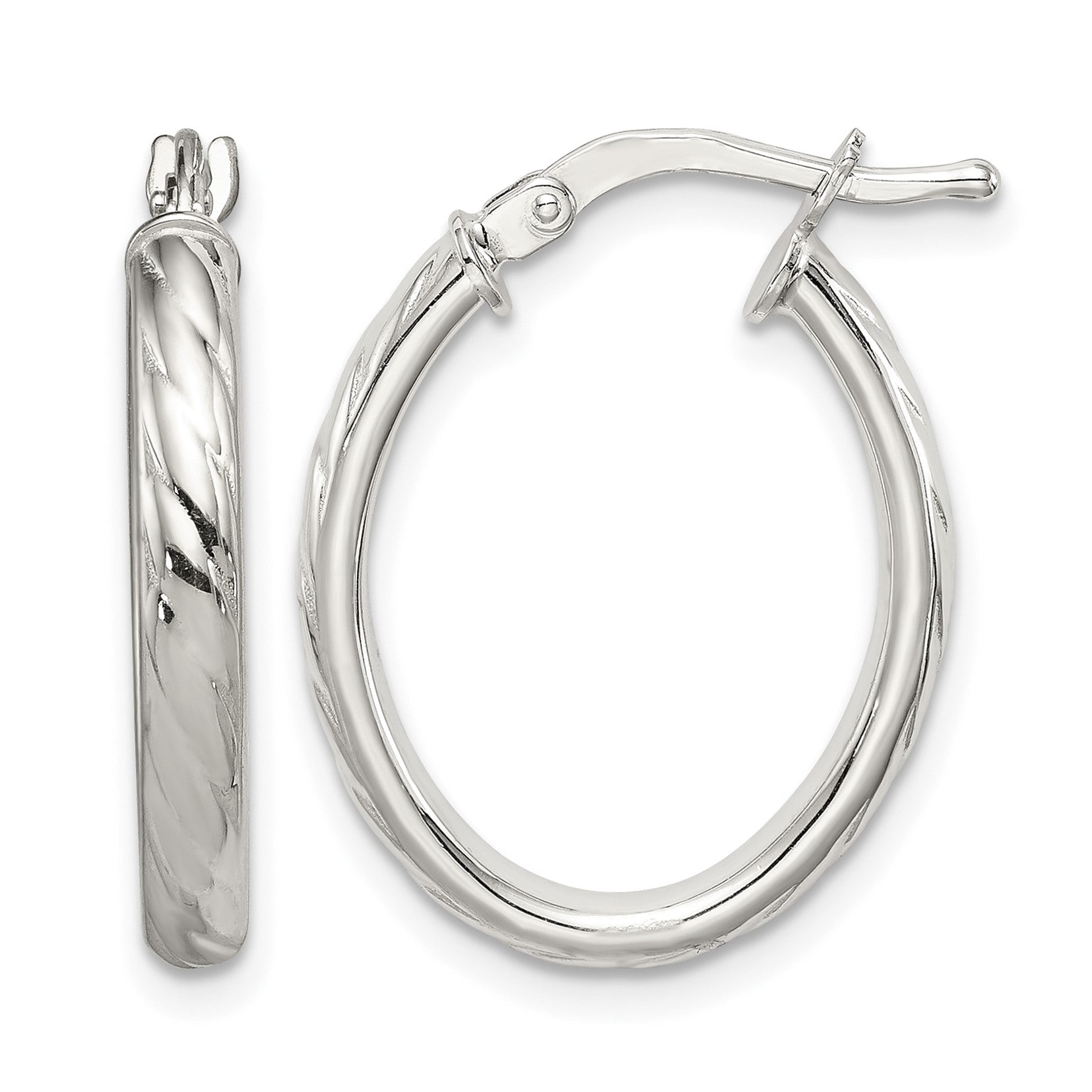 Sterling Silver Rhod-plated Textured 3mm Hollow Oval Hoop Earrings