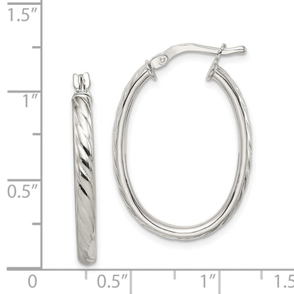 Sterling Silver Rhod-plated Textured 3mm Hollow Oval Hoop Earrings