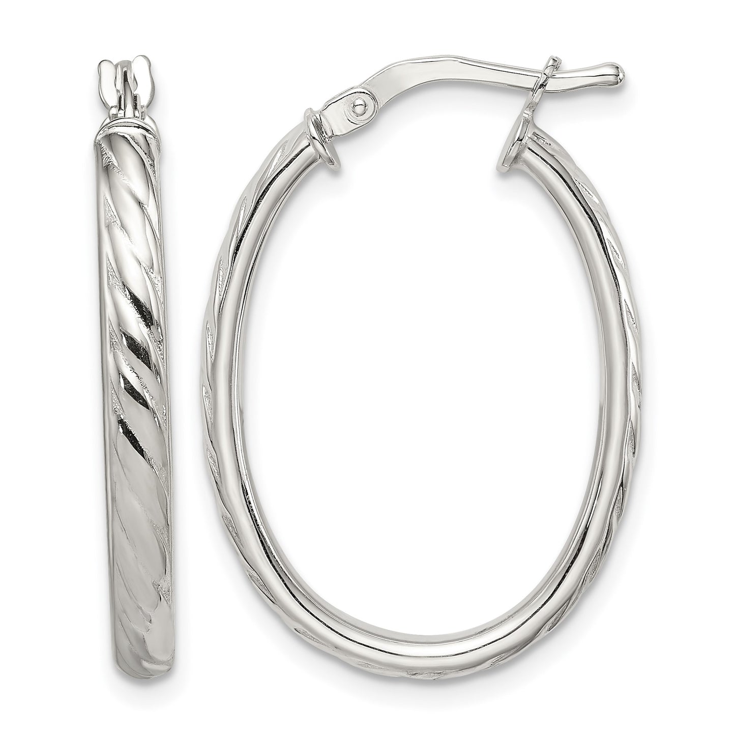 Sterling Silver Rhod-plated Textured 3mm Hollow Oval Hoop Earrings