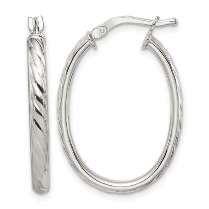 Sterling Silver Rhod-plated Textured 3mm Hollow Oval Hoop Earrings