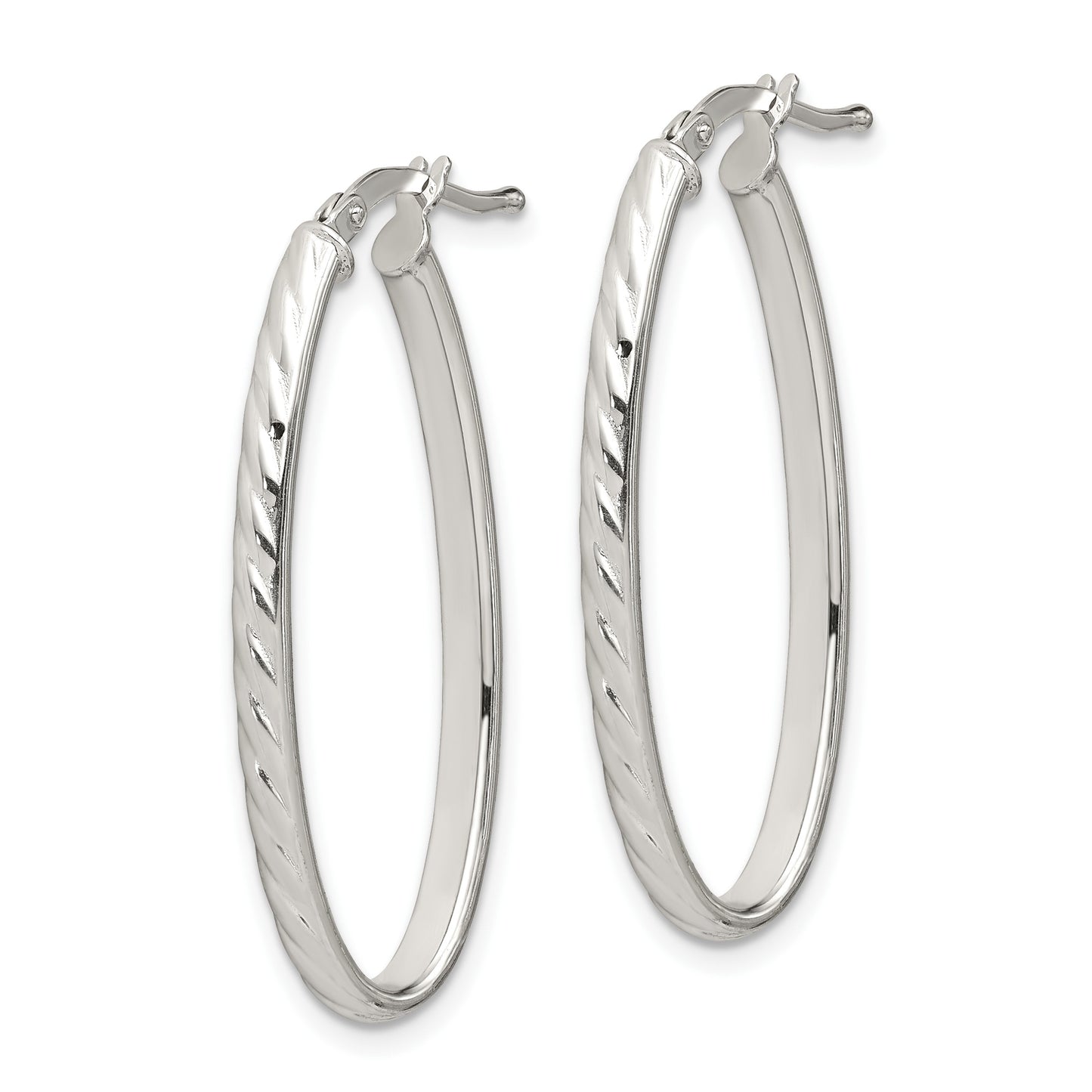 Sterling Silver Rhod-plated Textured 3mm Hollow Oval Hoop Earrings