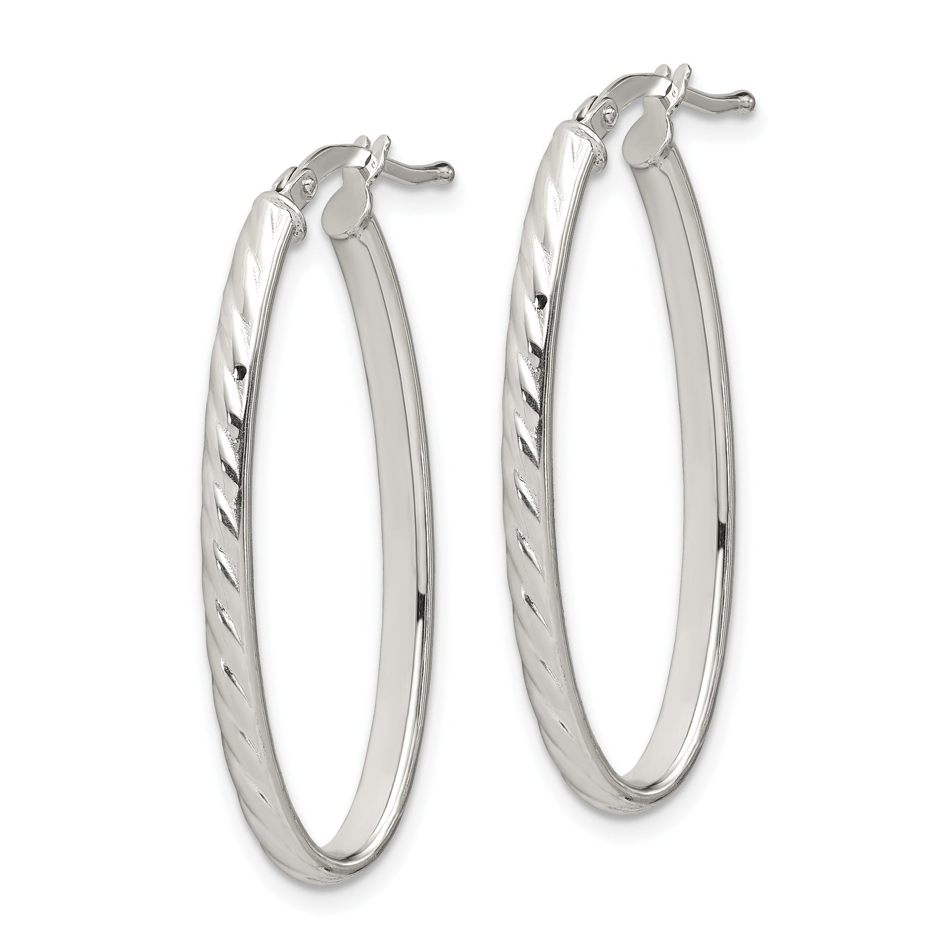 Sterling Silver Rhod-plated Textured 3mm Hollow Oval Hoop Earrings