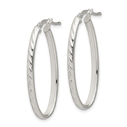 Sterling Silver Rhod-plated Textured 3mm Hollow Oval Hoop Earrings