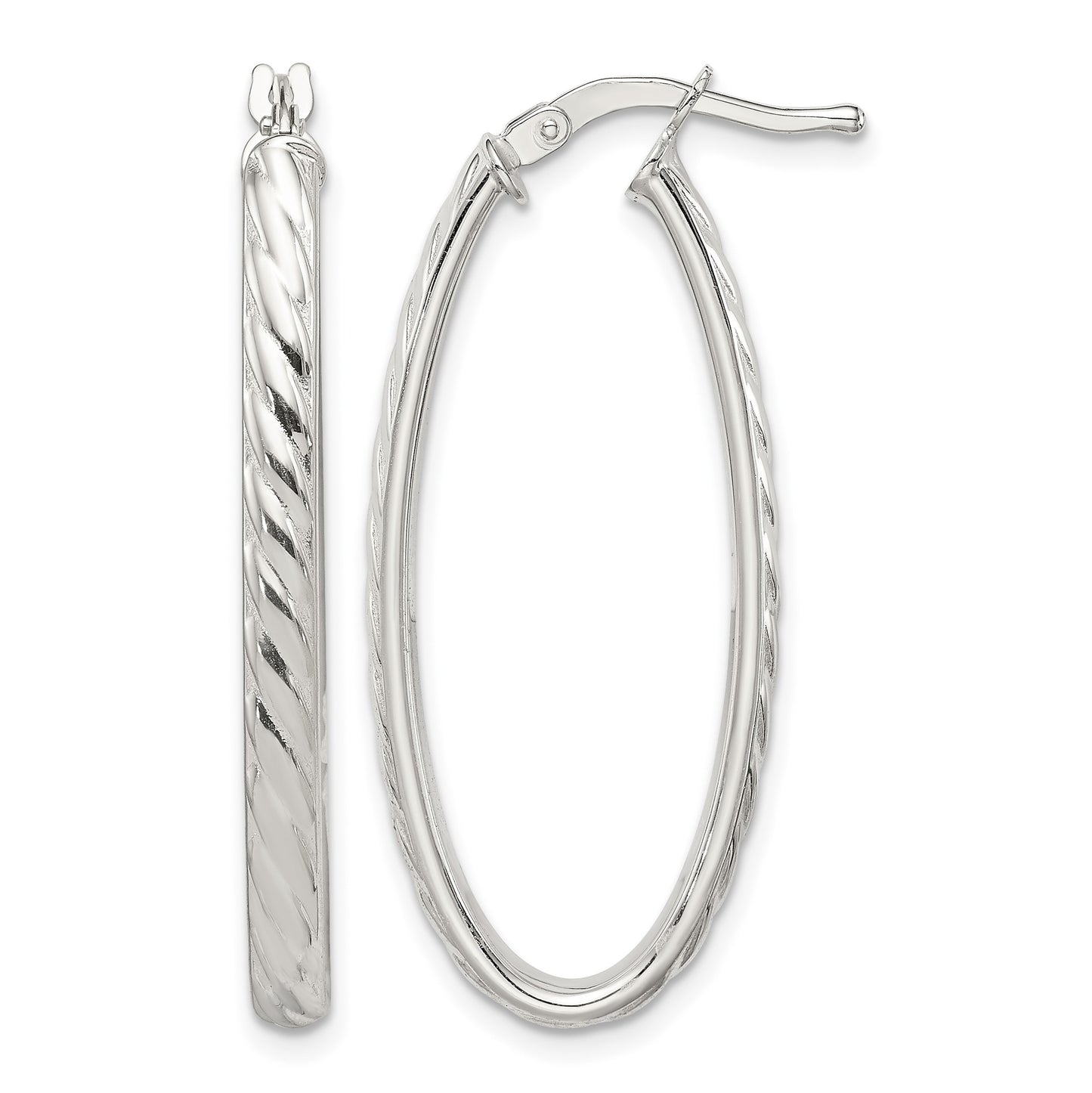 Sterling Silver Rhod-plated Textured 3mm Hollow Oval Hoop Earrings