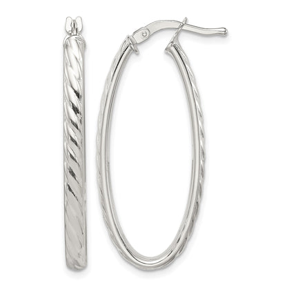 Sterling Silver Rhod-plated Textured 3mm Hollow Oval Hoop Earrings