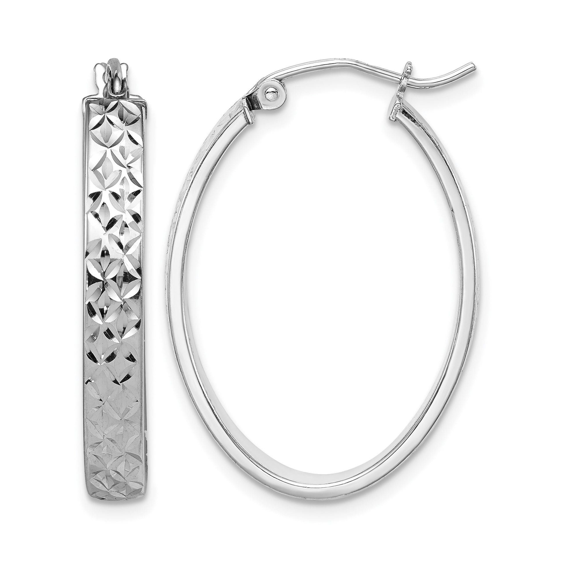 Sterling Silver Rhodium-plated Diamond-cut 4mm Oval Hoop Earrings
