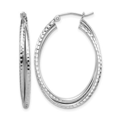 Sterling Silver Rhodium Plated Textured Double Oval Hoop Earrings
