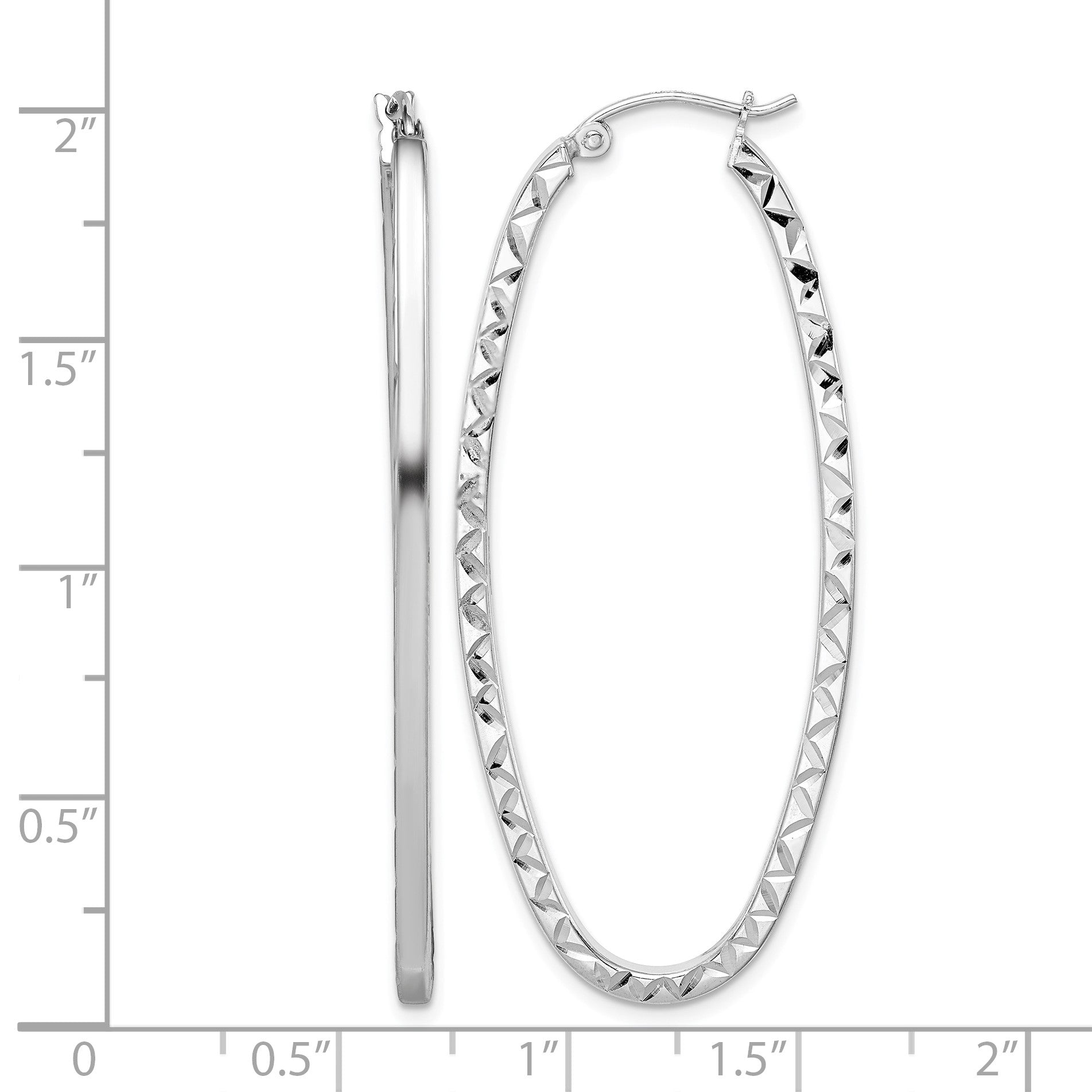 Sterling Silver Rhodium-plated Diamond-cut 2mm Oval Hoop Earrings