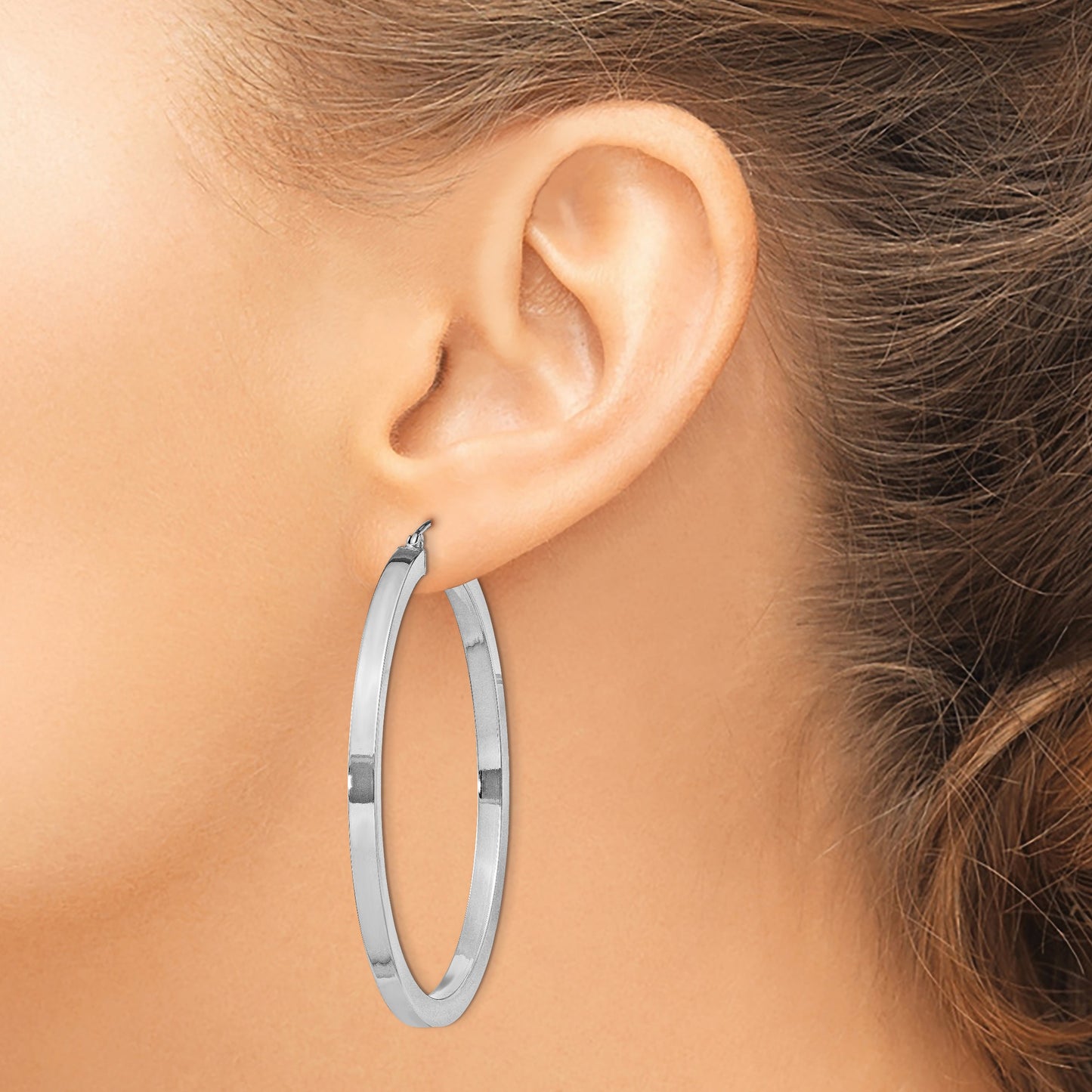 Sterling Silver Rhodium-plated 3x50mm Square Tube Hoop Earrings