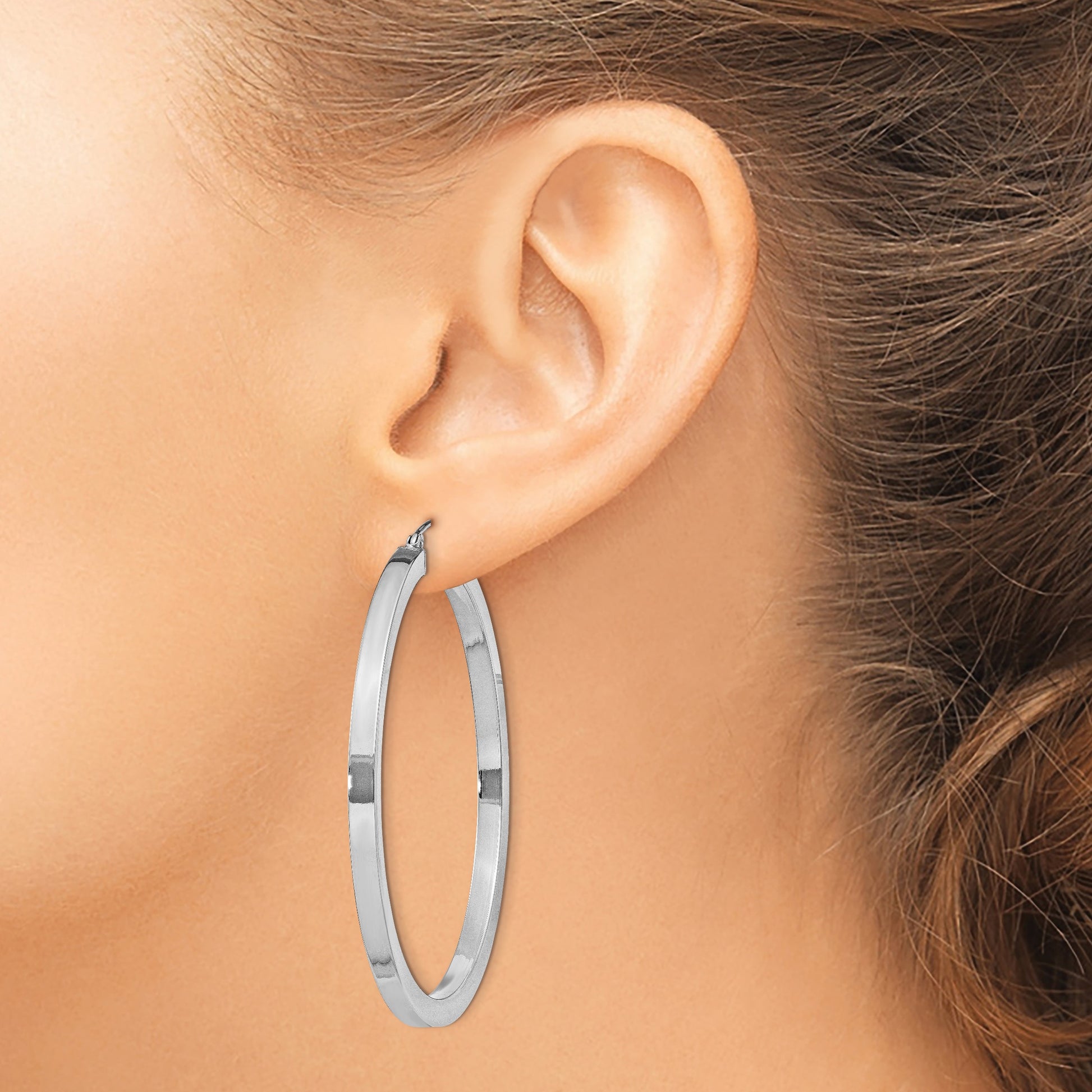 Sterling Silver Rhodium-plated 3x50mm Square Tube Hoop Earrings