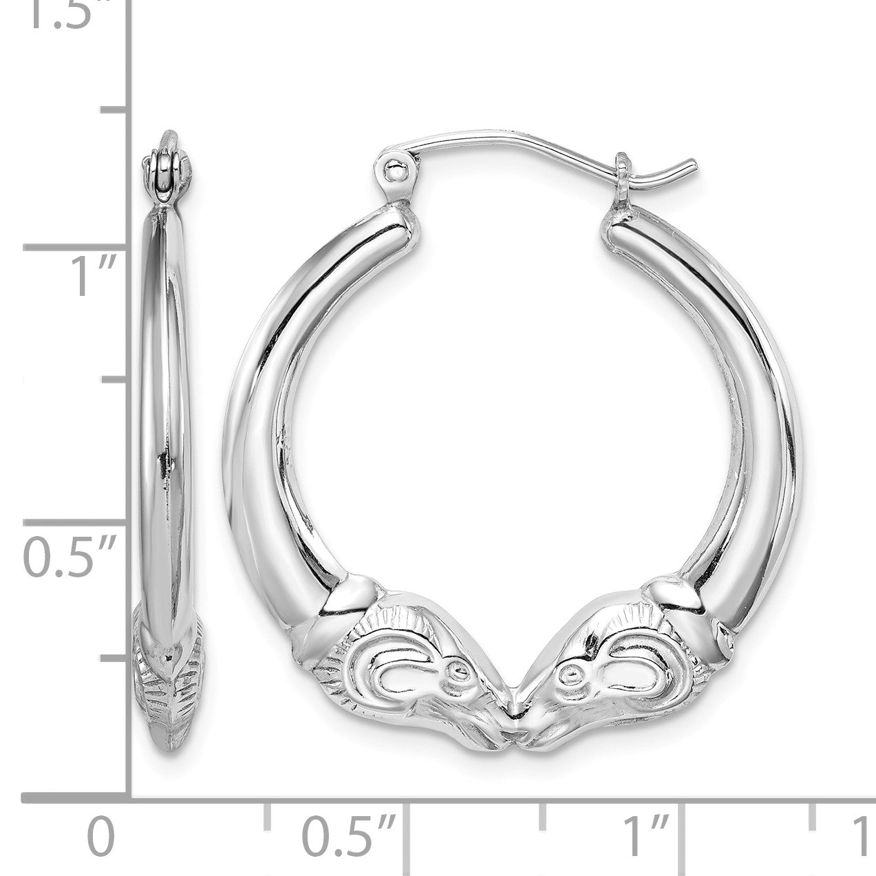 Sterling Silver Rhod-plated Textured Ram Head Round Hoop Earrings