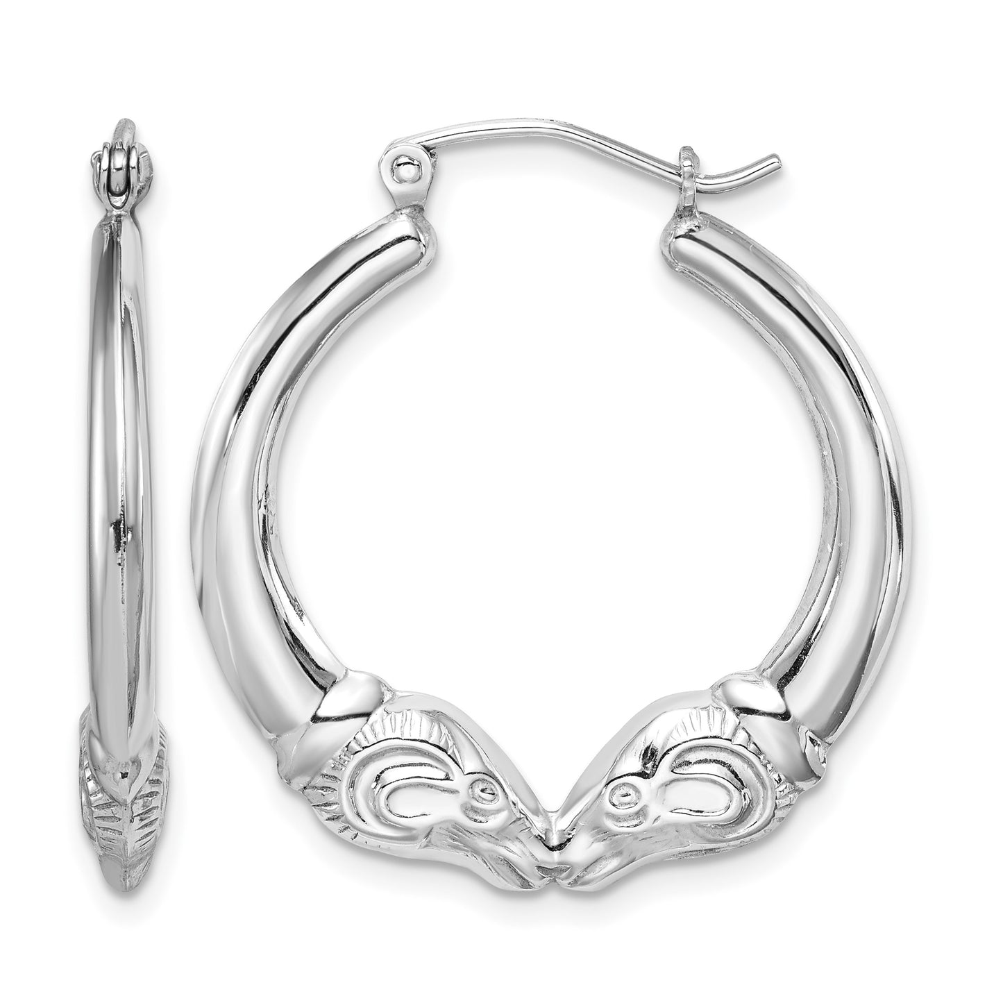 Sterling Silver Rhod-plated Textured Ram Head Round Hoop Earrings