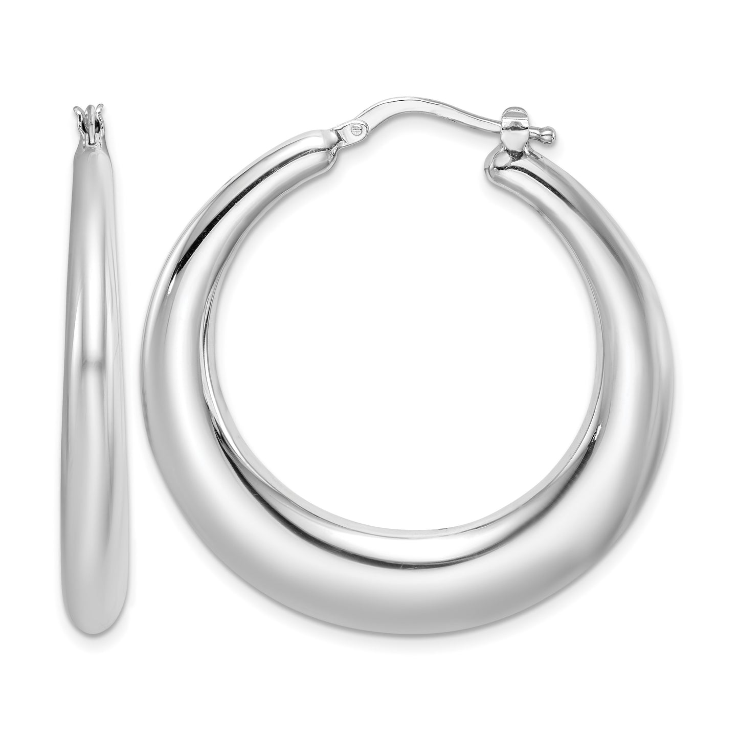 Sterling Silver RH-plated Polished Tapered Hollow Round Hoop Earrings
