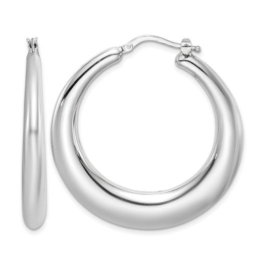 Sterling Silver RH-plated Polished Tapered Hollow Round Hoop Earrings