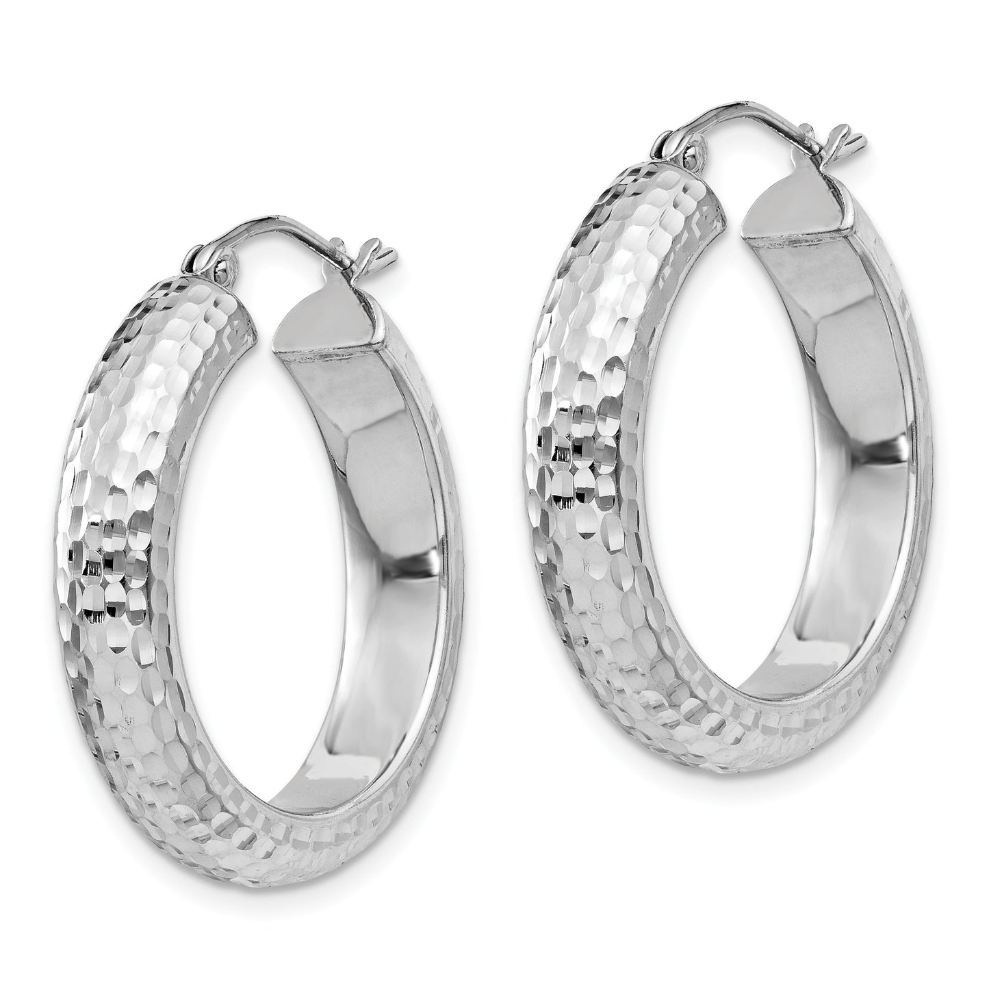 Sterling Silver Rhodium-plated Diamond-cut 5x25mm Hoop Earrings
