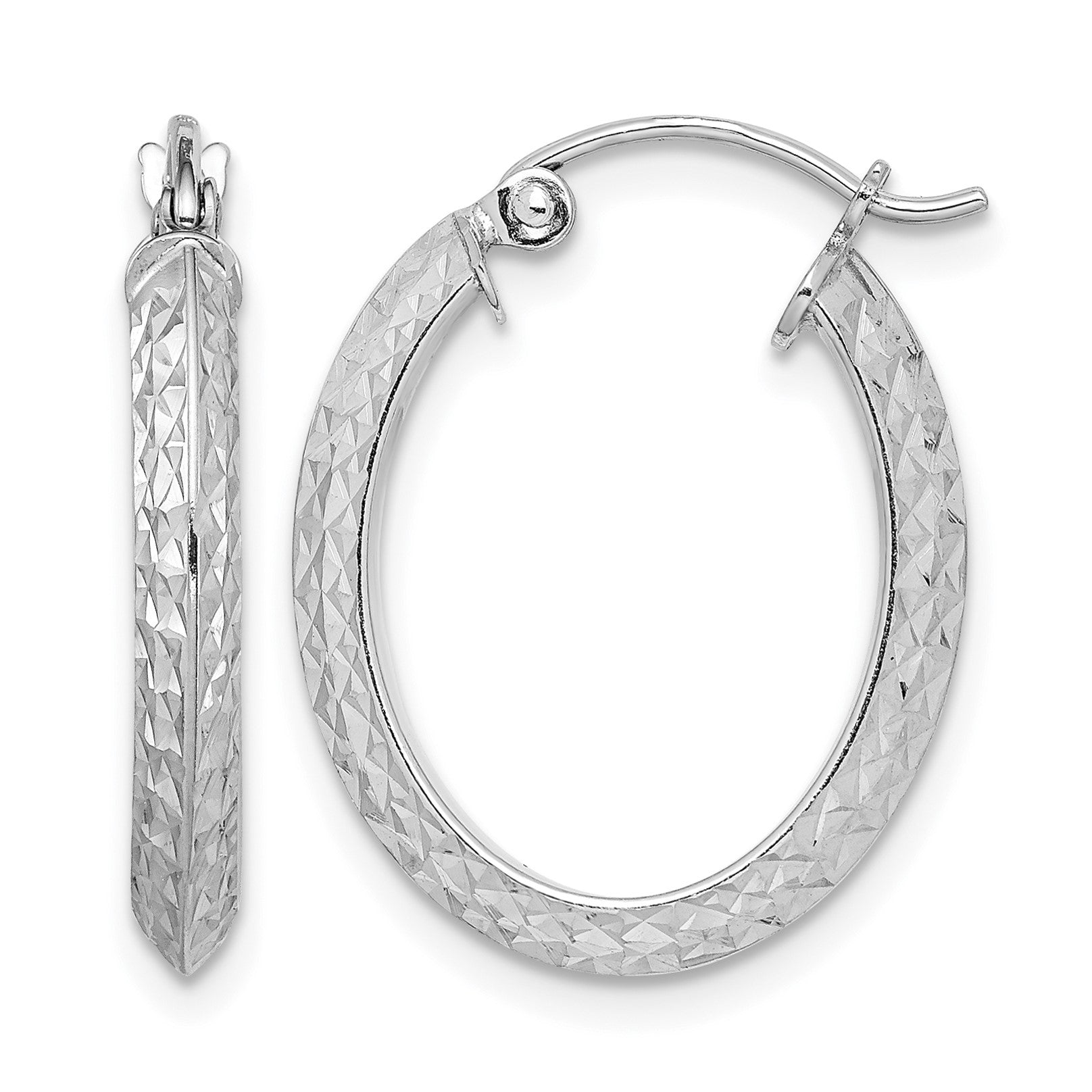 Sterling Silver Rhodium Plated Diamond Cut Oval Hoop Earrings