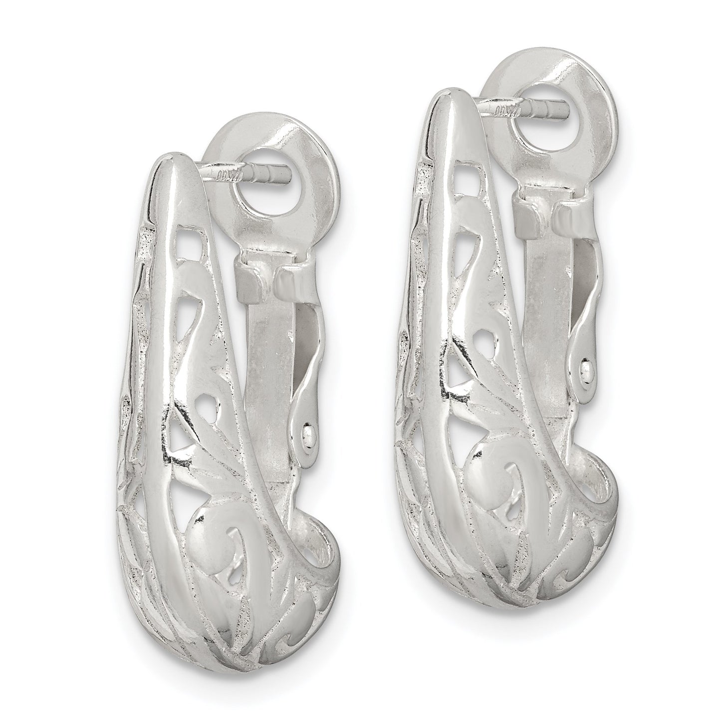 Sterling Silver Polished & Filigree Omega Back J-Hoop Earrings