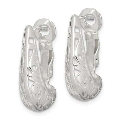 Sterling Silver Polished & Filigree Omega Back J-Hoop Earrings