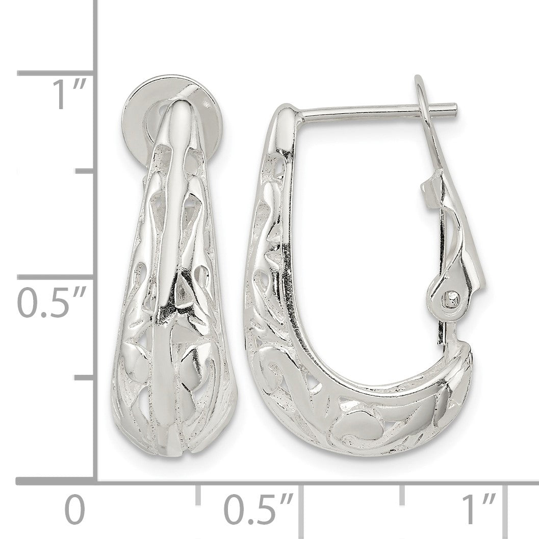 Sterling Silver Polished & Filigree Omega Back J-Hoop Earrings