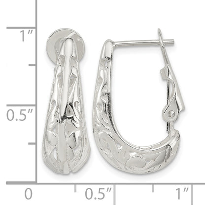 Sterling Silver Polished & Filigree Omega Back J-Hoop Earrings