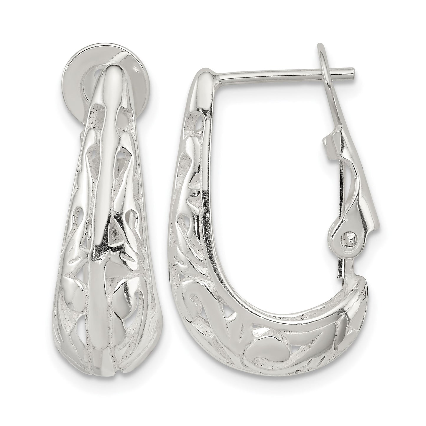 Sterling Silver Polished & Filigree Omega Back J-Hoop Earrings