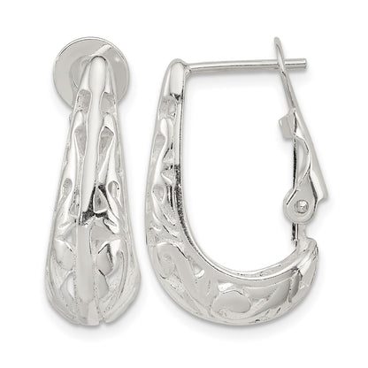 Sterling Silver Polished & Filigree Omega Back J-Hoop Earrings