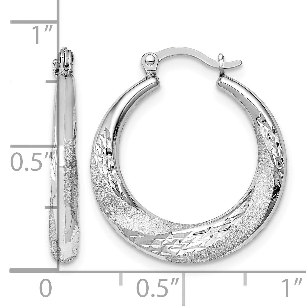 Sterling Silver RH-plated Brushed & D/C Scalloped Round Hoop Earrings